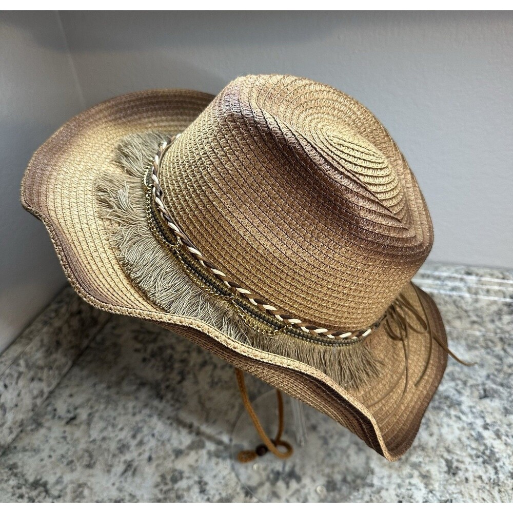 Straw Hat Brown Wide Brim Boho Western Style Fringe Chain Band Unisex